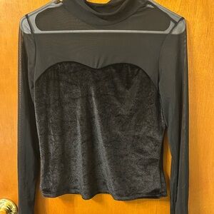 SHEIN Elegant Black Sheer Mesh and Velvet Long Sleeve Top